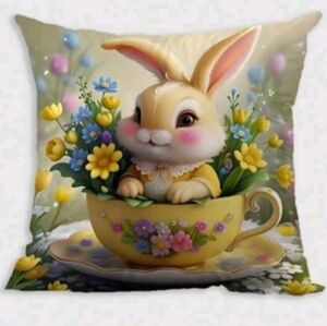 4/$40 New Tea Cup Easter Bunny Pillow Case - Size 18 x 18 Inches